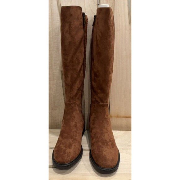 Kenneth Cole Reaction Lionel Tall Stretch Back Panel Boots Caramel Cafe - Picture 6 of 9